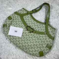 【美品】アニヤハインドマーチ ハンドバッグ 総柄 キャンバス レザー 黄緑