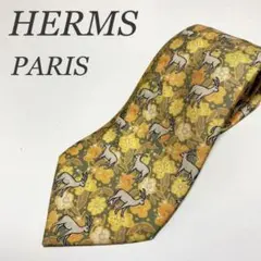 美品HERMS エルメス ネクタイ 鹿 花柄 シルク100%