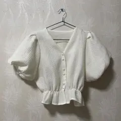 GRL ホワイト バルーンスリーブ Vネック シャツ M