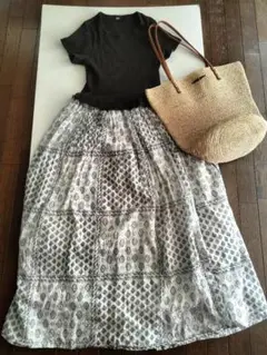 良品✨️インド綿 ロングスカート 白黒 S〜L