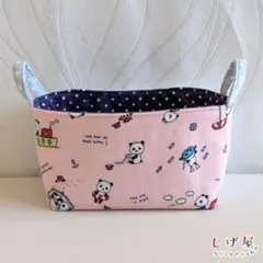 ハンドメイド　布バスケット　布小物入れ　パンダ×ブルー水玉ドット