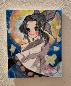 アニメ風 月と蝶のアクリル画
