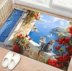 サバトラ　ギリシャ サントリーニ島の猫　猫柄　プリント　マット　ネコ　海
