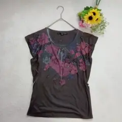 ヴィンテージ加工　花柄　ノースリーブカットソー　チャコールグレー　XS