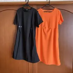 オレンジ・黒 半袖ワンピース 2点セットLサイズ