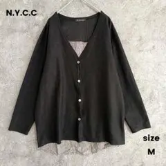 NYCC 麻混カーディガン　 コットン　長袖　ストライプ　無地　黒　M