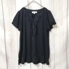 【エムケーミッシェルクラン】 半袖トップス　フリル付きボタン前開き 黒　Mサイズ