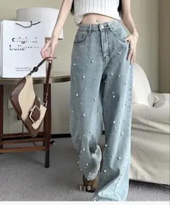 パール装飾ライトブルーデニムパンツ M