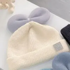 リボンニット帽♡ホワイト♡かわいい♡英字ロゴ♡キッズ♡ブルー