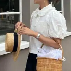 ロージーモンスター フリルカラー　パフ　ポロシャツ　ホワイト　クロップド丈　刺繍