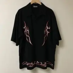 dragonfly トライバル刺繍 ファイヤー 　半袖シャツ 黒