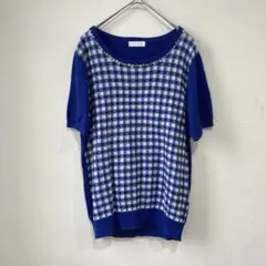 index（L）ギンガムチェック柄ニットトップス　ビジュー　ブルー×ホワイト