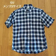 【GU】半袖チェックシャツ　ボタンダウン　メンズSサイズ　麻混