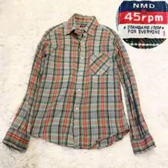 美品★45rpm 長袖 インドネルシャツ チェックシャツ 羽織 コットン 青系