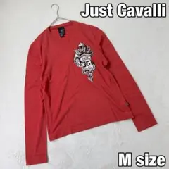 【極美品】ジャストカヴァリ Vネック ロンT 赤系 M イタリア製 ロゴデザイン