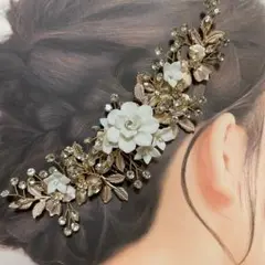 ゴールドリーフフラワーヘッドドレス ブライダルヘアアクセサリー結婚式ウェディング