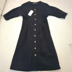 新品未使用ネイビー 麻風Vネックボタン付7分袖ロングワンピース