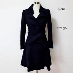 極美品 ルネ Aライン フレア ウエストベルト ロングコート 紺 サイズ36