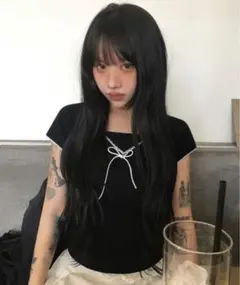 リボン付き黒半袖トップス フリーサイズ