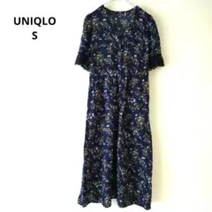 UNIQLO プリントVネックフレアワンピース レーヨン100% 紺 S 花柄
