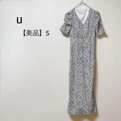 【美品】ロングワンピース　花柄　パフスリーブ　胸元シャーリング　スタイルアップS