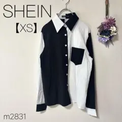シーイン 長袖シャツ モノクロ 白黒 胸ポケット レギュラーカラー 【XS】