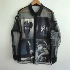 メッシュ写真プリント長袖シャツ