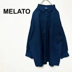 MELATO 長袖カラーシャツ　ネイビーワイドシャツポケット付きゆったりロング