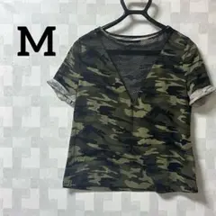 美品✨️【M】迷彩柄 半袖 Tシャツ レース V字 グリーン 袖ロールアップ
