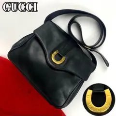 美品■グッチ ショルダーバッグ ホースシュー 馬蹄 ゴールド金具 レザー 黒色