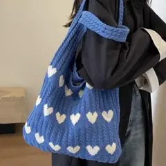 ★美品★ハート柄 ジャガードニット トートバッグ ブルー×ホワイト