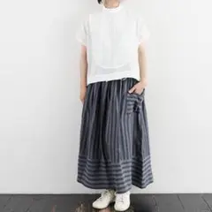 ✨美品✨マガリ ストライプリネン ファーマースカート ウエストリボン タック F
