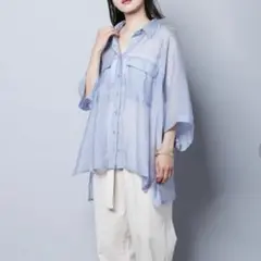 【チャオパニック】シアー ラグランビッグシルエット シャツ ブルー フリーサイズ