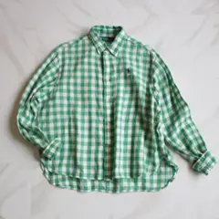 【24SS 極美品】ワイドクロップドギンガムリネンシャツ S ポニー刺繡 緑色