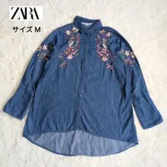 【美品】ザラベーシック　ブラウス　長袖　刺繍入り　総柄　前開き　ボタン付き