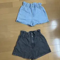 レディース デニム ショートパンツ ブルー ブラック2点セット