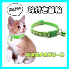 ピスタチオグリーン 鈴付き 首輪 猫 小型犬 肉球柄 バックル止め 長さ調整可能