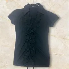 【メトリーゼ】フリルラッフルカットソー　フロントドロスト　レース　ブラック　9号