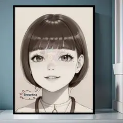 ♥美人の絵ミニマリスト「オカッパ頭の娘」イラストウォールアートポスターA4