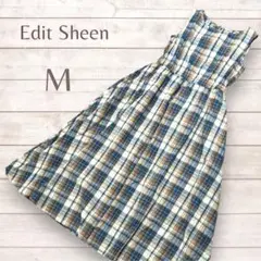 Edit Sheen ワンピース　ベージュ　青　チェック　ウエストゴム　フレア