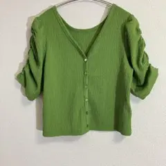 Wcloset しわ加工　Vネックカーディガン　五分袖　グリーン　フリーサイズ