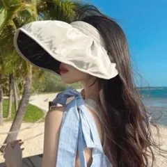 【新作】サンバイザー　ベージュ　小顔　UVカット　2way　つば広　海　プール