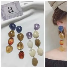 2273-2 ブルー×ライトブラウン☺︎4連大理石風ピアス☺︎