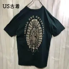 US古着Tシャツ　バックプリント　ガイコツスカル　ワンポイント　緑
