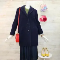 レキサミ バイカラーモヘア混コート S 紺色 ビジューボタン ほぼ未使用