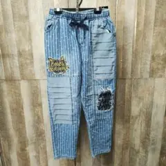 猫刺繍ストライプデニムパンツ