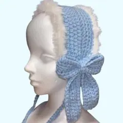 ハンドメイド ビッグリボンイヤーマフ 水色 かぎ針編み