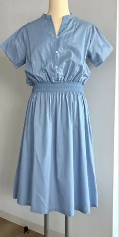＜美品＞水色 半袖シャツワンピース ウエストゴム入り