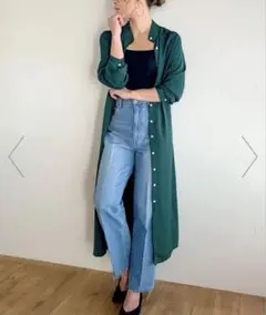 JUNOAH スリットボタンロングシャツ　XL グリーン