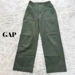 ギャップ ボタンフライパンツ ミリタリー ベイカーパンツ ワイド 洗える 緑